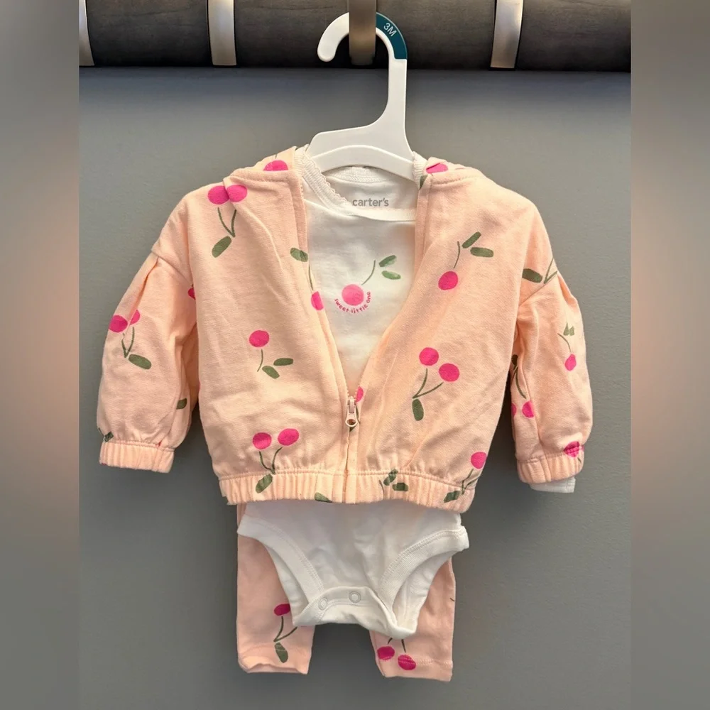 Carters Just One You Baby Girls‎ 3 Piece Cherry Print Set Pink White 3M NWT